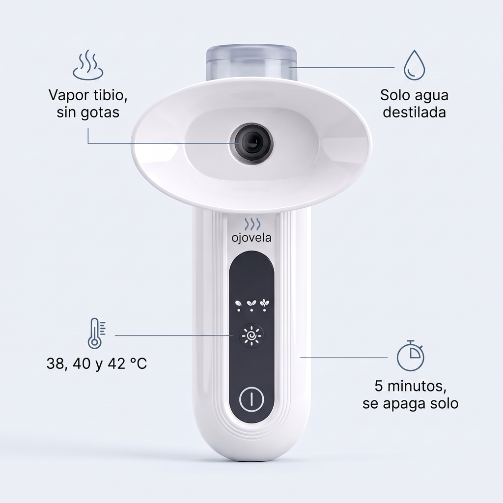 Vapor tibio sin gotas, solo agua destilada, 38, 40 y 42 °C, 5 minutos