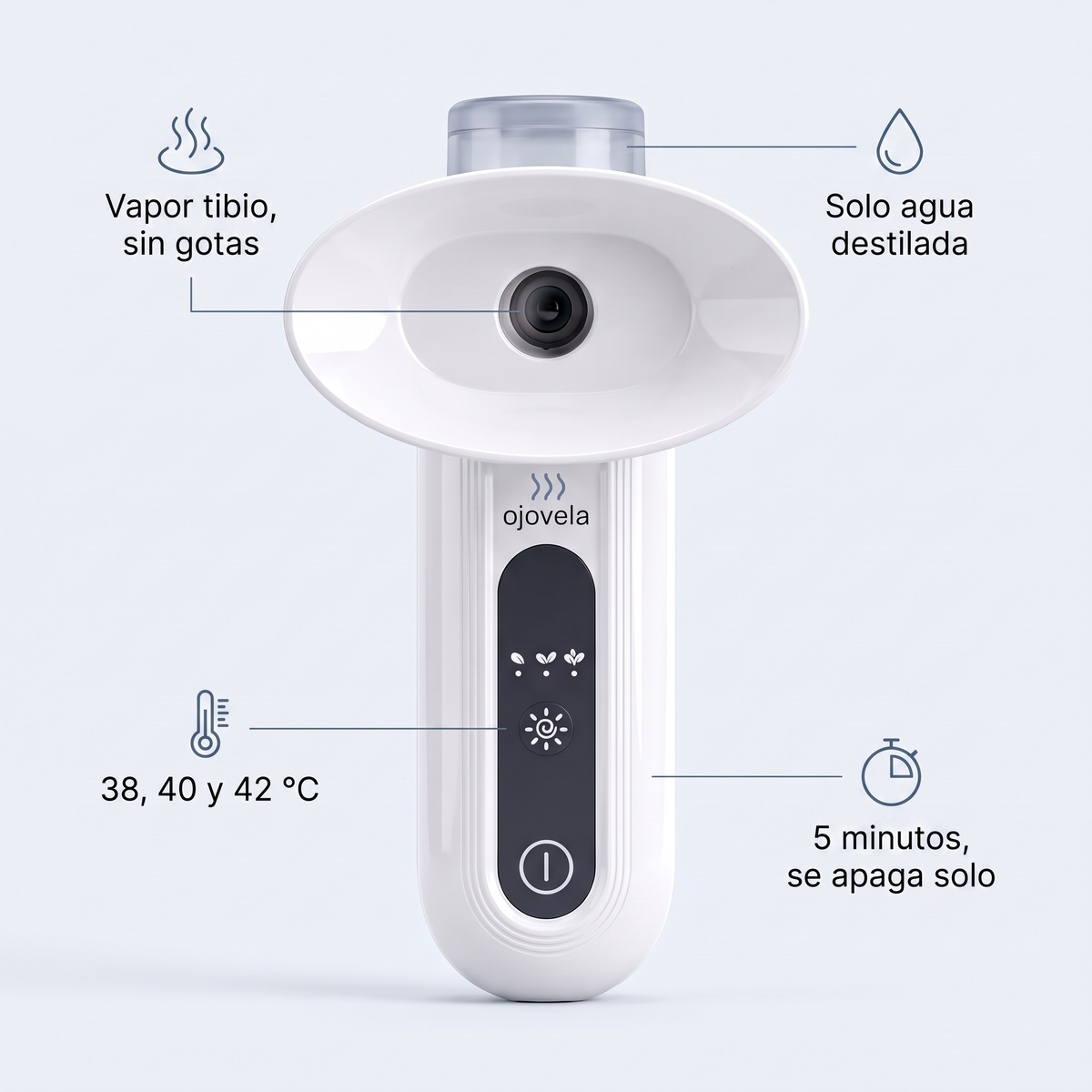 Vapor tibio sin gotas, solo agua destilada, 38, 40 y 42 °C, 5 minutos