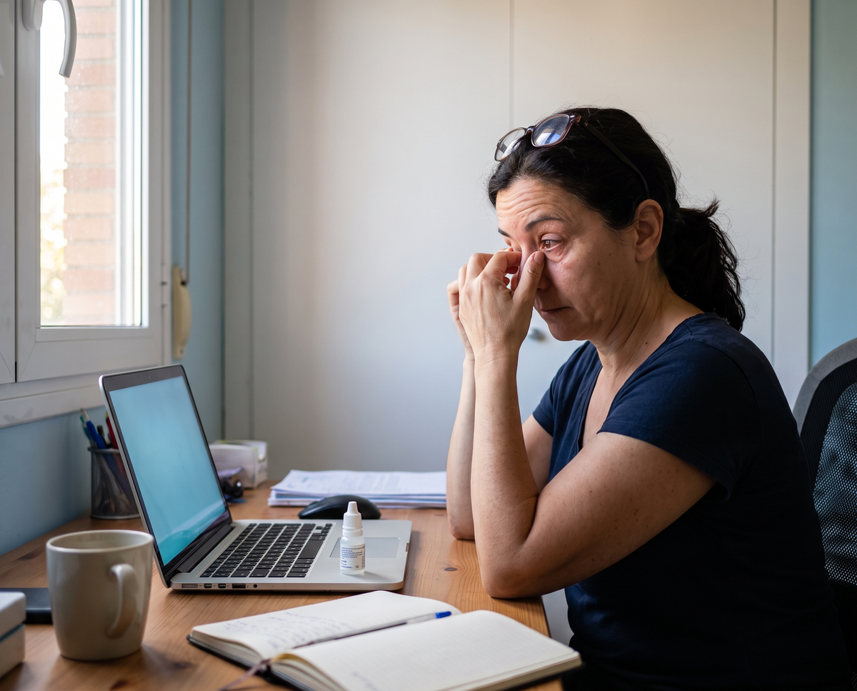 Mujer con los ojos cansados frente al portátil
